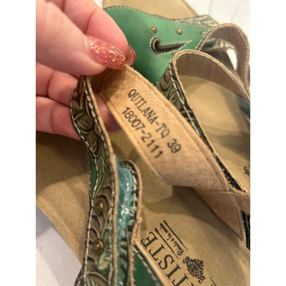 L'Artiste Quilana Sandals Green Leather Hand Painted Floral Wedge Boho Shoes 39
